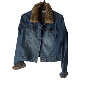 GNW Y2k Vintage Penny Lane Women Blue Denim Jacket Fur Collar Retro Cuffs Medium